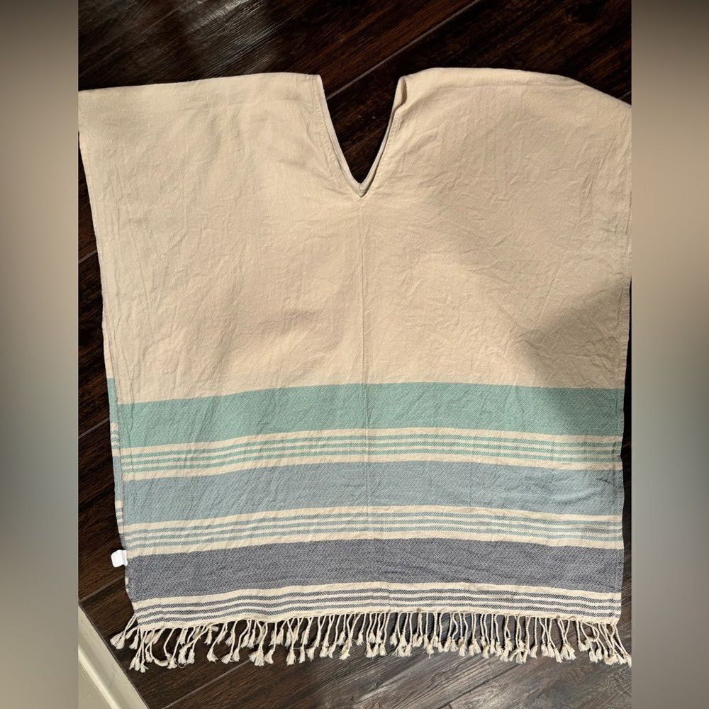 Tribe Alive hand made Cotton Striped Fringed Swim/Beach Cover-up Kaftan Poncho